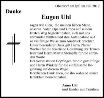 Anzeige von Eugen Uhl von Schwäbische Zeitung