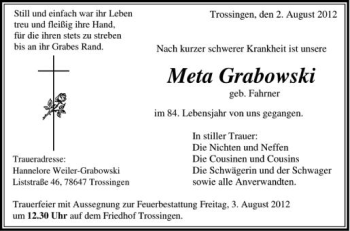 Anzeige von Meta Grabowski von Schwäbische Zeitung