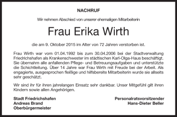 Anzeige von Erika Wirth von Schwäbische Zeitung