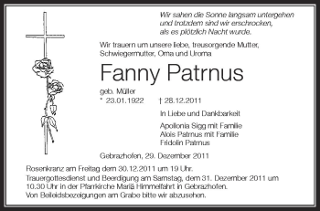 Anzeige von Fanny Patrnus von Schwäbische Zeitung