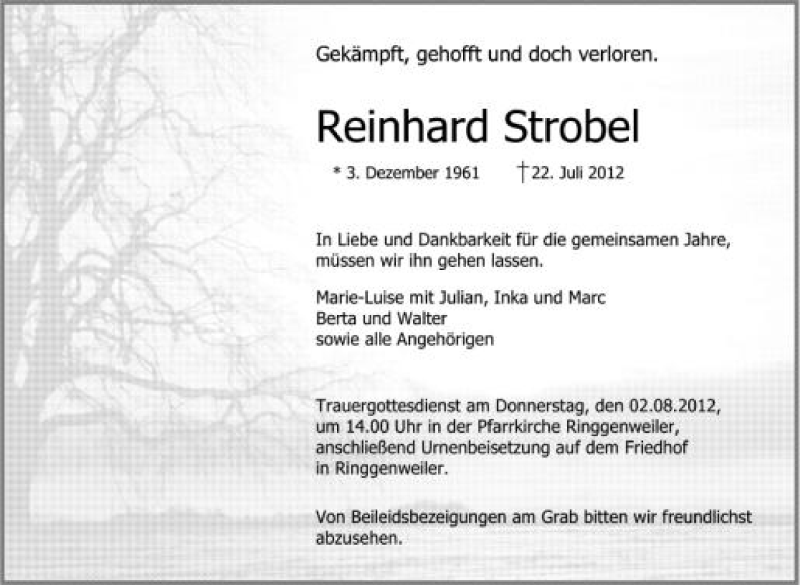 Traueranzeigen Von Reinhard Strobel Schwaebische De Trauerportal