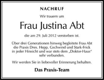 Anzeige von Justina Abt von Schwäbische Zeitung