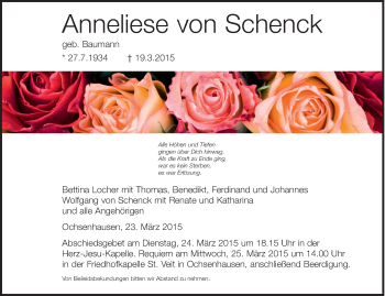 Traueranzeigen Von Anneliese Von Schenck Schwaebische De Trauerportal