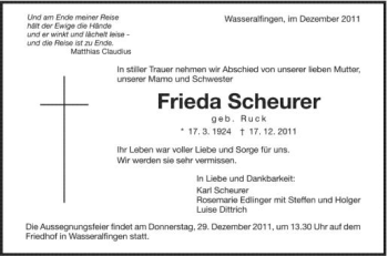 Anzeige von Frieda  Scheurer von Schwäbische Zeitung