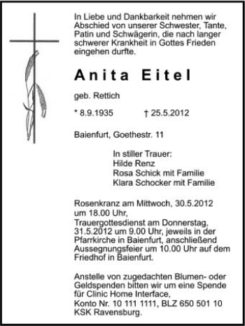 Anzeige von Anital Eitel von Schwäbische Zeitung