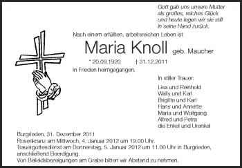 Anzeige von Maria Knoll von Schwäbische Zeitung