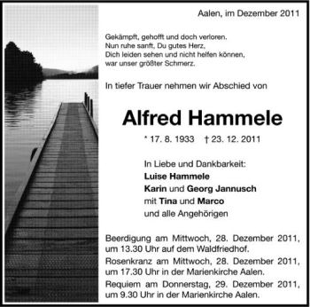 Anzeige von Alfred Hammele von Schwäbische Zeitung