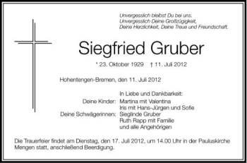 Anzeige von Siegfried Gruber von Schwäbische Zeitung