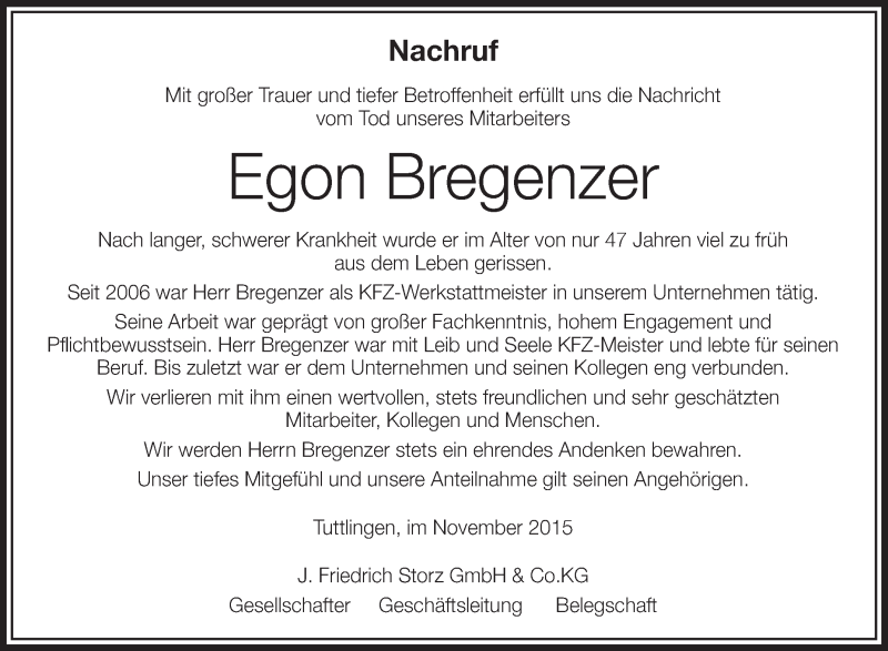  Traueranzeige für Egon Bregenzer vom 13.11.2015 aus Schwäbische Zeitung