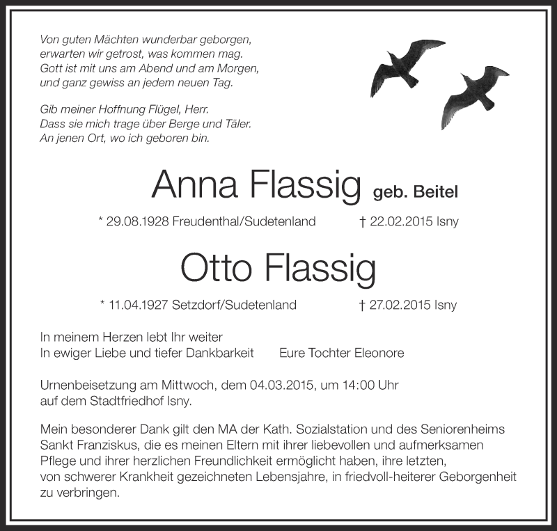  Traueranzeige für Otto und Anna Flassig vom 03.03.2015 aus Schwäbische Zeitung