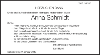 Anzeige von Anna Schmidt von Schwäbische Zeitung