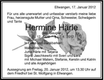 Anzeige von Hermine Härle von Schwäbische Zeitung