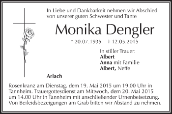 Anzeige von Monika Dengler von Schwäbische Zeitung