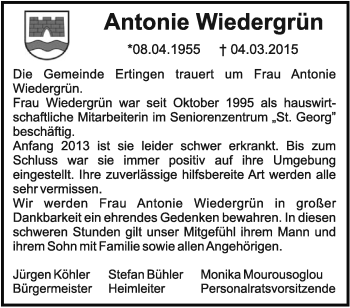 Anzeige von Antonie Wiedergrün von Schwäbische Zeitung