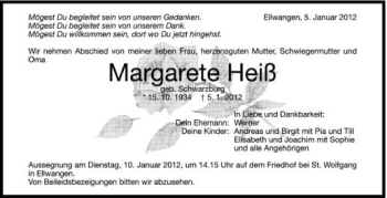 Anzeige von Margarete Heiß von Schwäbische Zeitung