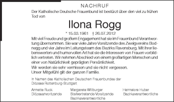 Anzeige von Ilona Rogg von Schwäbische Zeitung