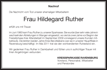 Anzeige von Hildegard Ruther von Schwäbische Zeitung