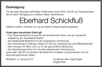 Anzeige von Eberhard Schickfluß von Schwäbische Zeitung
