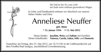 Anzeige von Anneliese Neuffer von Schwäbische Zeitung