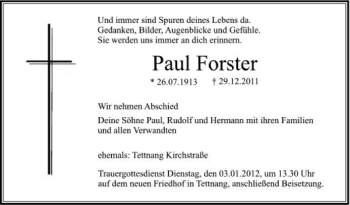 Anzeige von Paul Forster von Schwäbische Zeitung