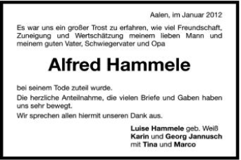 Anzeige von Alfred Hammele von Schwäbische Zeitung