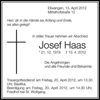 Anzeige von Josef Haas von Schwäbische Zeitung