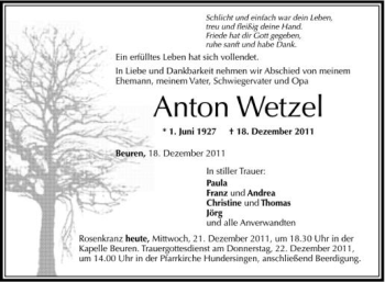 Anzeige von Anton Wetzel von Schwäbische Zeitung
