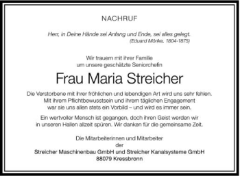 Anzeige von Maria Streicher von Schwäbische Zeitung