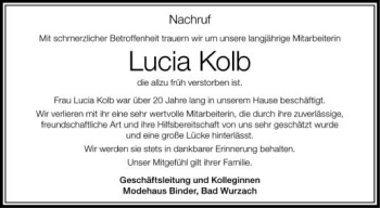 Anzeige von Lucia Kolb von Schwäbische Zeitung