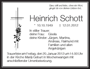 Anzeige von Heinrich Schott von Schwäbische Zeitung