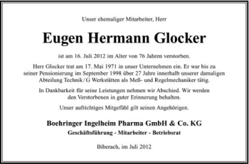 Anzeige von Eugen Hermann Glocker von Schwäbische Zeitung