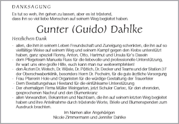 Anzeige von Gunter Dahlke von Schwäbische Zeitung