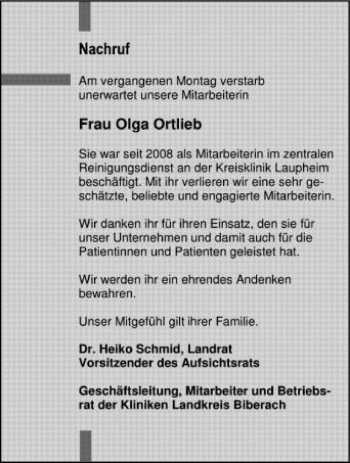 Anzeige von Olga Ortlieb von Schwäbische Zeitung