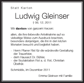 Anzeige von Ludwig Gleinser von Schwäbische Zeitung