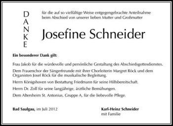 Anzeige von Josefine Schneider von Schwäbische Zeitung