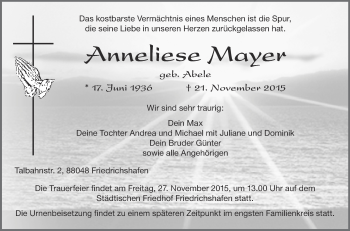 Anzeige von Anneliese Mayer von Schwäbische Zeitung