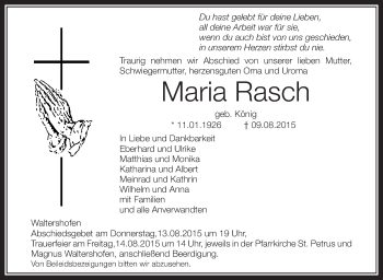 Anzeige von Maria Rasch von Schwäbische Zeitung