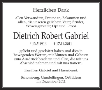Anzeige von Dietrich Robert Gabriel von Schwäbische Zeitung