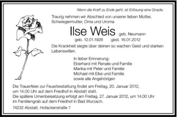 Anzeige von Ilse Weis von Schwäbische Zeitung