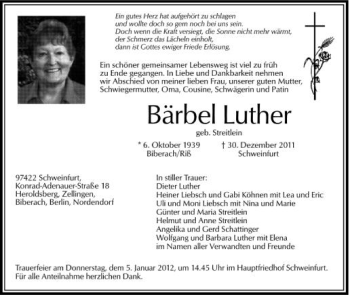 Anzeige von Bärbel Luther von Schwäbische Zeitung
