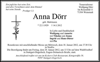 Anzeige von Anna Dörr von Schwäbische Zeitung