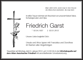 Anzeige von Friedrich Garst von Schwäbische Zeitung