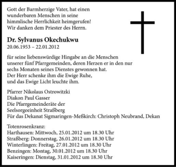 Anzeige von Sylvanus Okechukwu von Schwäbische Zeitung