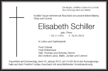 Anzeige von Elisabeth Schiller von Schwäbische Zeitung