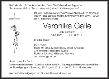 Anzeige von Veronika Gaile von Schwäbische Zeitung