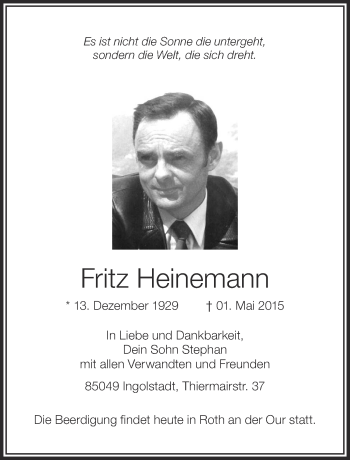 Anzeige von Fritz Heinemann von Schwäbische Zeitung