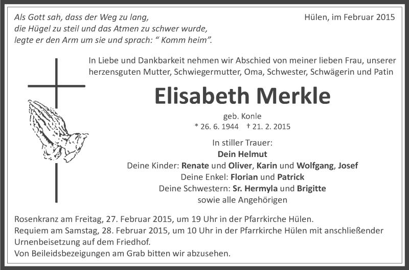 Traueranzeigen Von Elisabeth Merkle Schwaebischede Trauerportal 0121