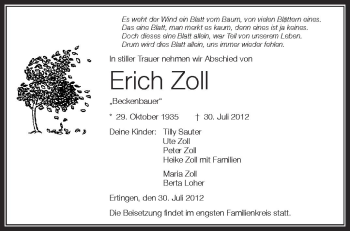 Anzeige von Erich Zoll von Schwäbische Zeitung