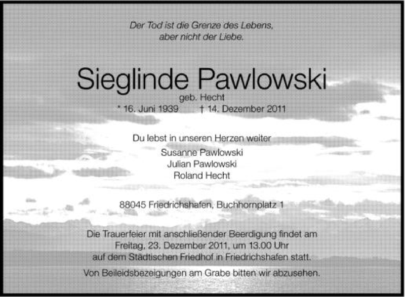  Traueranzeige für Sieglinde Pawlowski vom 20.12.2011 aus Schwäbische Zeitung