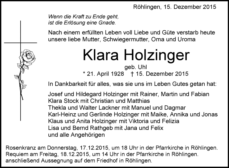 Traueranzeige für Klara Holzinger vom 16.12.2015 aus Schwäbische Zeitung